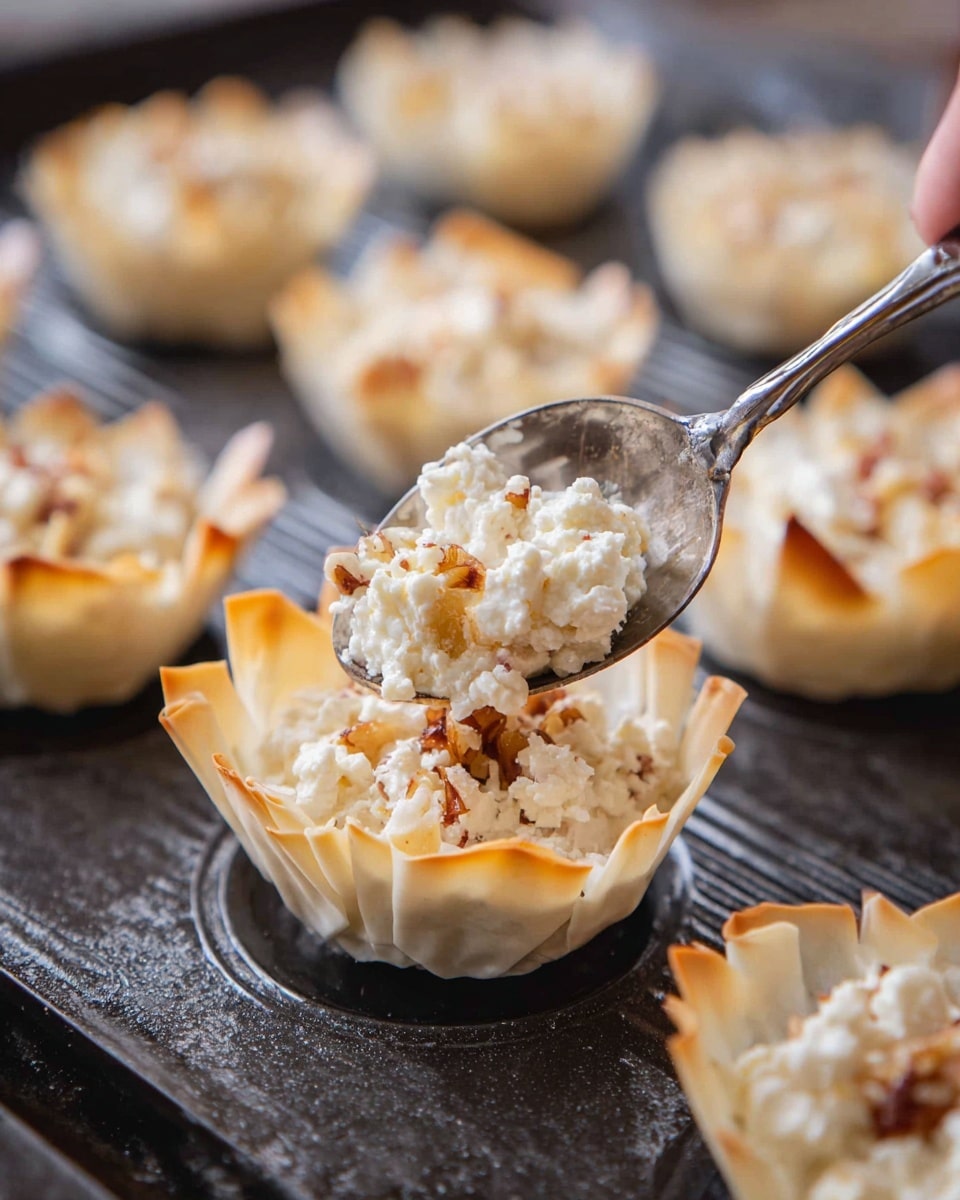 Small white phyllo pastry cups with golden browned edges are placed on a dark, ridged baking sheet. One cup in the front is being filled with a creamy white cheese mixture having bits of light brown nuts and small pieces of light yellow fruit, held by a metal spoon. The texture of the filling looks soft and crumbly. The background has more pastry cups, some filled lightly and some empty, all on the same baking sheet. photo taken with an iphone --ar 4:5 --v 7