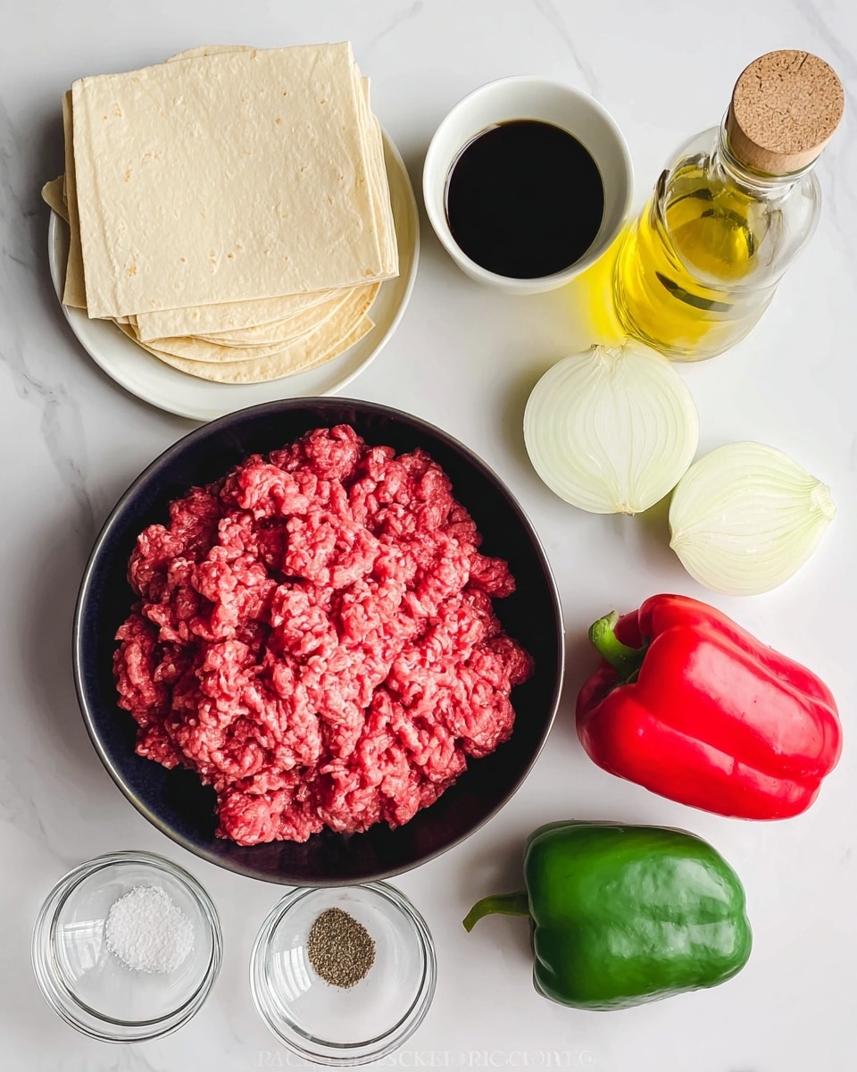 A black bowl filled with raw, bright red ground meat sits in the center on a white marbled surface. To the left, there are two stacks: one of thin square light beige sheets and another of round pale yellow tortillas, both on a white plate. Above the meat bowl, there is a small white bowl with dark soy sauce. To the right of the meat, two whole bell peppers, one red and one green, rest beside several thick, white onion rings. Further right, a clear bottle filled with golden yellow oil stands upright. Below the meat bowl, two small clear bowls contain clear water and a mix of salt and black pepper. Photo taken with an iphone --ar 4:5 --v 7