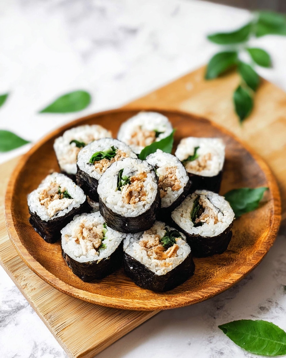 A wooden plate holds nine sushi rolls arranged in a small stack. Each roll has a dark black seaweed layer on the outside, followed by a thick white rice layer inside. In the center, there is a mix of light brown filling and fresh green leaves, which add a pop of color and texture. The plate is placed on a white marbled surface with a few green leaves scattered around it, giving a fresh look. Photo taken with an iphone --ar 4:5 --v 7