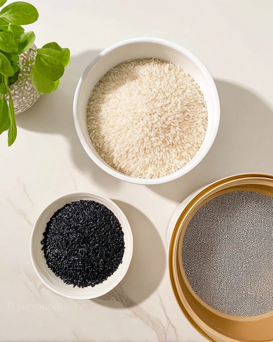 The image shows a white bowl filled with uncooked short-grain white rice placed slightly left of center on a white marbled surface, next to a smaller white bowl containing black rice positioned at the bottom right. To the right of these bowls is an empty rice cooker pot with a gold exterior and a textured gray inner surface. On the top left corner, there is a small green leafy plant adding a fresh touch. The arrangement is simple and clean with a soft natural light. photo taken with an iphone --ar 4:5 --v 7