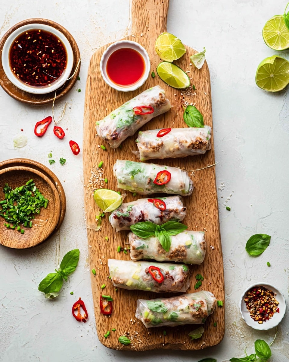 The image shows eight spring rolls arranged on a long wooden board over a white marbled surface. Each spring roll is wrapped in translucent rice paper, revealing a mix of minced meat and green vegetables inside, with small pieces of chopped herbs sprinkled on top. Three of the spring rolls have red chili slices and basil leaves on them. Near the top left corner of the wooden board, there is a small white bowl with a red dipping sauce, and beside it, a smaller white bowl holds green chopped herbs. Scattered around the surface are lime wedges, red chili pieces, basil leaves, and some chopped green herbs. In the top left corner is a white bowl on a small wooden round plate containing a dark red sauce with chili flakes sprinkled inside. The overall setup has a fresh and colorful look. Photo taken with an iphone --ar 4:5 --v 7