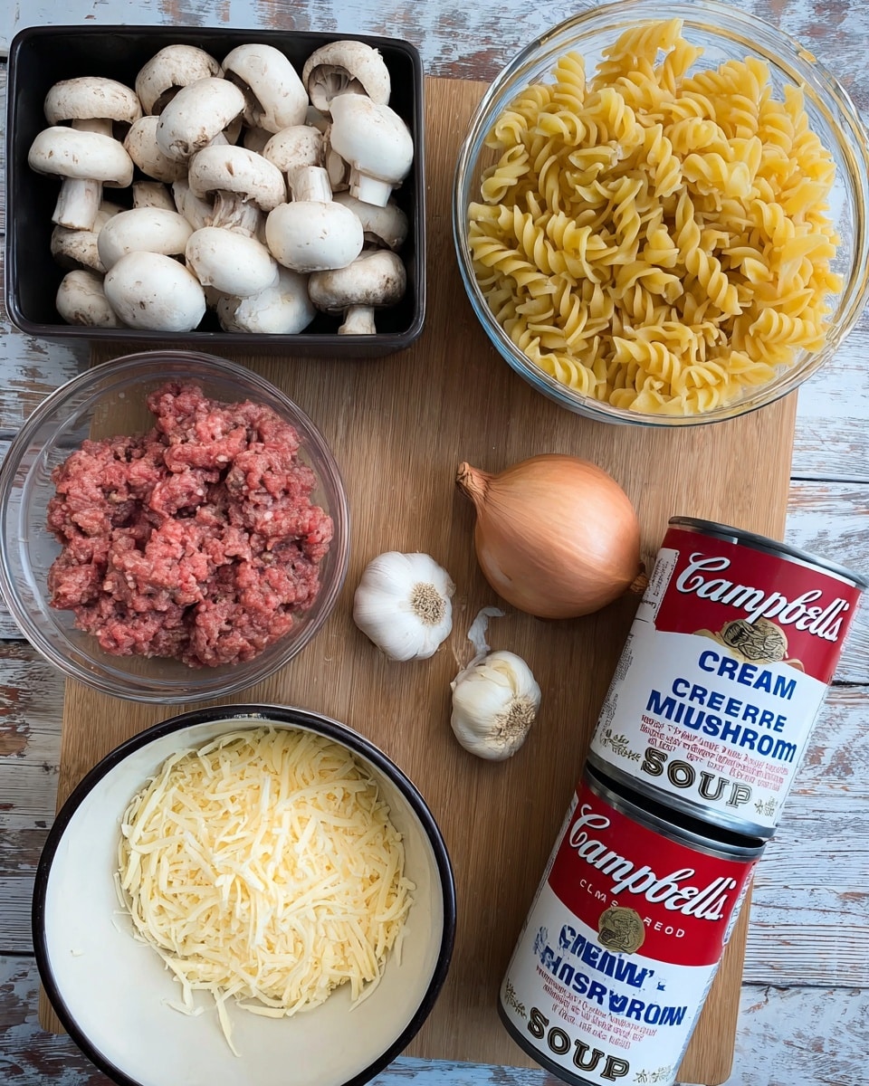 The image shows several ingredients arranged on a wooden surface with white marbled texture visible. In the top left, there is a black rectangular container filled with white mushrooms. On the top right, a clear glass bowl holds yellow uncooked fusilli pasta. At the bottom left, a clear glass bowl contains raw ground beef with a red and brown color mix. In the center, there is a white bowl with a black rim full of pale yellow shredded cheese. Near the bottom center, a brown onion and two cloves of garlic rest on the surface. On the right side, two stacked cans of Campbell’s condensed soup are visible; the top can is labeled