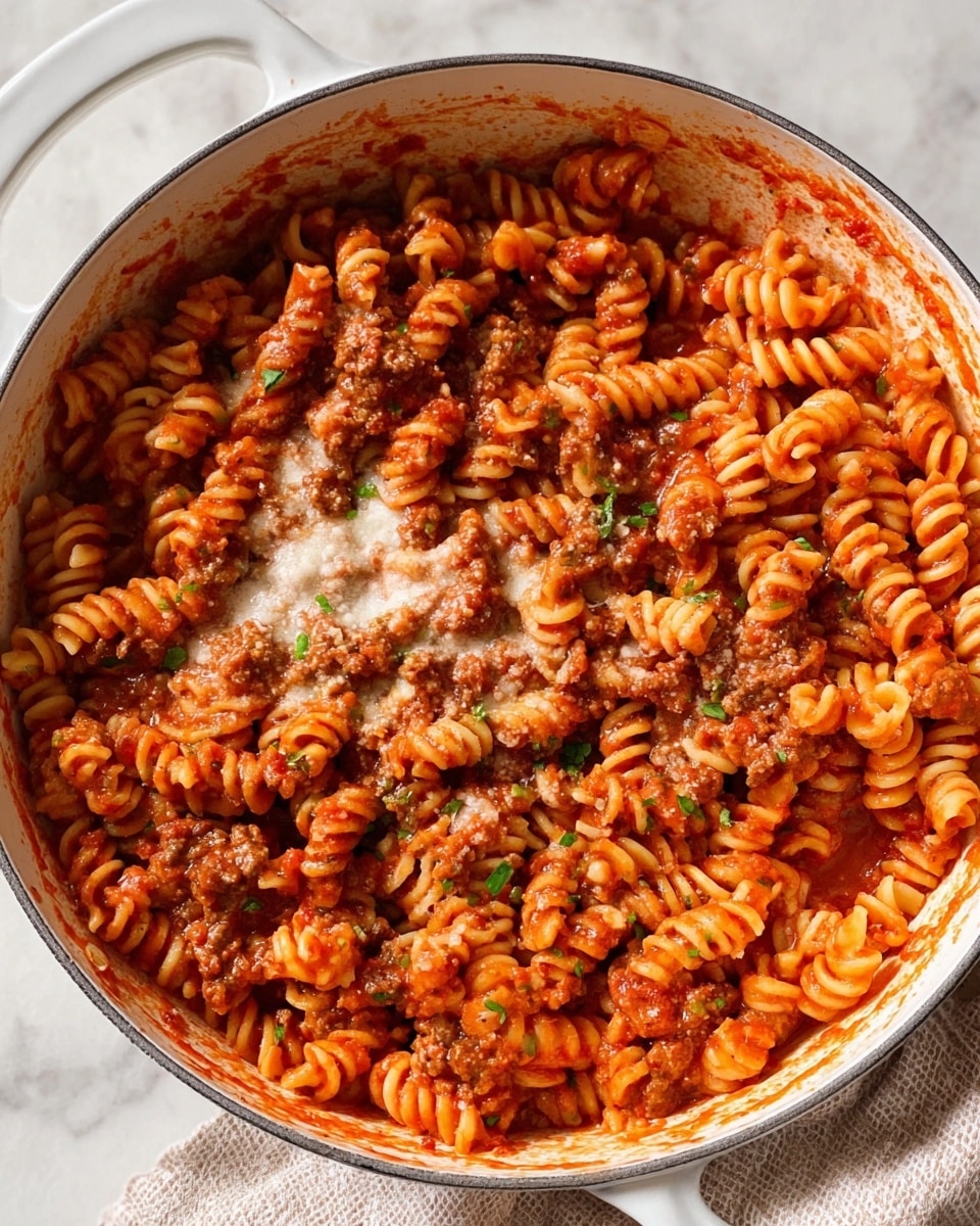A white pot filled with thick spiraled pasta mixed with minced meat and covered in rich red tomato sauce. The pasta is coated fully with the sauce, and small green herb pieces are scattered throughout. Some bits of grated cheese lightly dust the top, adding a light cream contrast to the red and brown colors. The inside edge of the pot has sauce marks, showing the food has been stirred well. The pot sits on a white marbled surface with a beige cloth napkin visible near the handle. Photo taken with an iphone --ar 4:5 --v 7