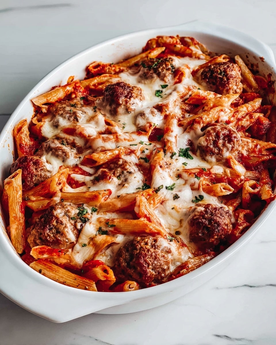 The image shows a white oval dish filled with baked penne pasta layered with red tomato sauce and browned meatballs throughout. There are spots of melted creamy white cheese swirled on top, blending into the sauce and pasta. The dish sits on a white marbled surface, and the food looks hot and fresh. photo taken with an iphone --ar 4:5 --v 7