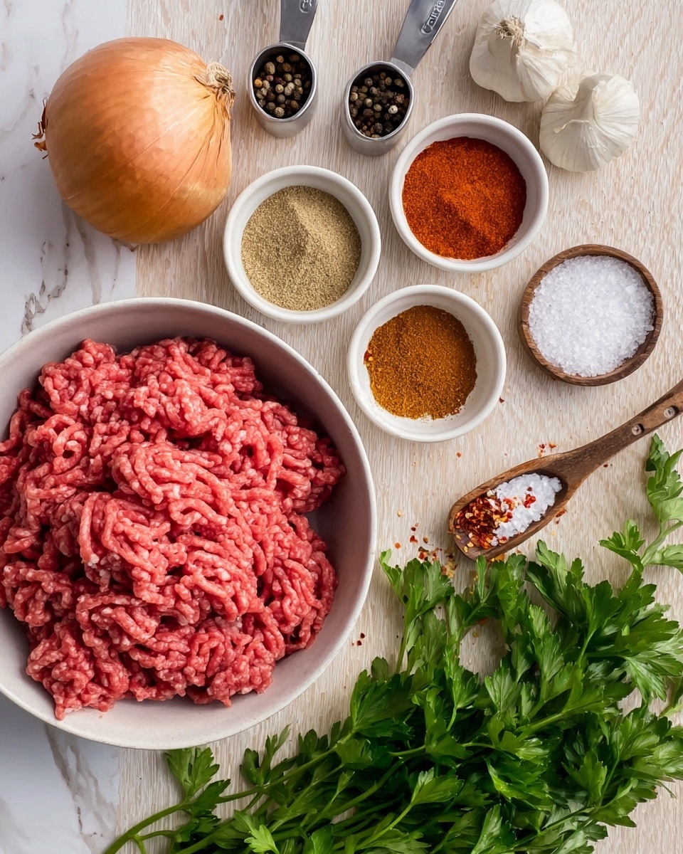A white bowl filled with fresh pink ground meat showing its soft texture sits on the left. Around the bowl, there are four small white bowls containing different spices: bright red powder near the top center, light brown and tan powders to the right, and coarse white salt in a wooden bowl near the bottom right. Fresh bright green parsley leaves are spread out in the bottom foreground. A whole brown onion is placed at the top left, with a garlic bulb partially visible at the bottom left. Two metal measuring spoons filled with white salt and black pepper, and a small wooden spoon with red chili flakes, are positioned near the bowls on a light wooden surface replaced with a white marbled texture photo taken with an iphone --ar 4:5 --v 7