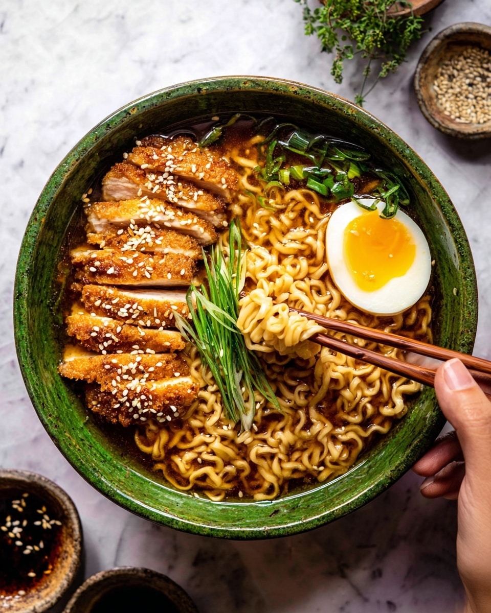 A green bowl filled with light brown broth holding curly ramen noodles that take up most of the space; on the left side inside the bowl, there are five pieces of crispy golden-brown sliced chicken laid in a row, topped with white sesame seeds; on the right side, half a soft-boiled egg with a bright yellow yolk is placed next to the noodles; green scallions are artistically laid in the center on top of the chicken and egg; a pair of wooden chopsticks holds a bundle of noodles lifted above the bowl; the bowl is held by a woman's hand at the bottom; the background has small bowls with sesame seeds and sauce on a white marbled texture surface; photo taken with an iphone --ar 4:5 --v 7