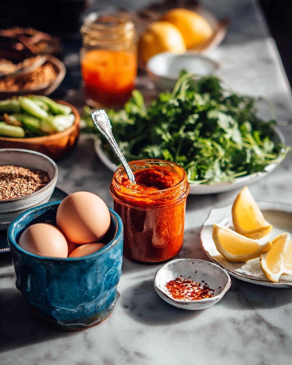 The image shows a setting with several food items arranged closely together on a white marbled surface. In the foreground, there is a blue ceramic cup filled with four light brown eggs. To the right, there is a jar of bright red sauce with a spoon inside, the texture looks thick and rich. Behind the jar is a white bowl holding two lemon wedges. Next to it, a white plate is piled with fresh green herbs, and there is a small white bowl with a sprinkle of crushed red spices on the plate. On the left, a ceramic cup contains brown seeds or grains, and behind it is a small wooden dish holding sliced green chilies. Further back, a glass container filled with orange sauce sits on a white plate, accompanied by more green herbs. The background is softly out of focus. Photo taken with an iphone --ar 4:5 --v 7