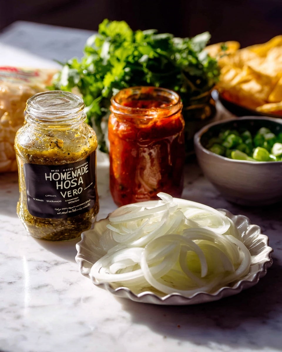 A close-up view of a white scalloped-edge plate filled with thinly sliced white onion pieces on the right side of the image, with a mostly full glass jar of red salsa behind it. To the left, there is a glass bottle labeled