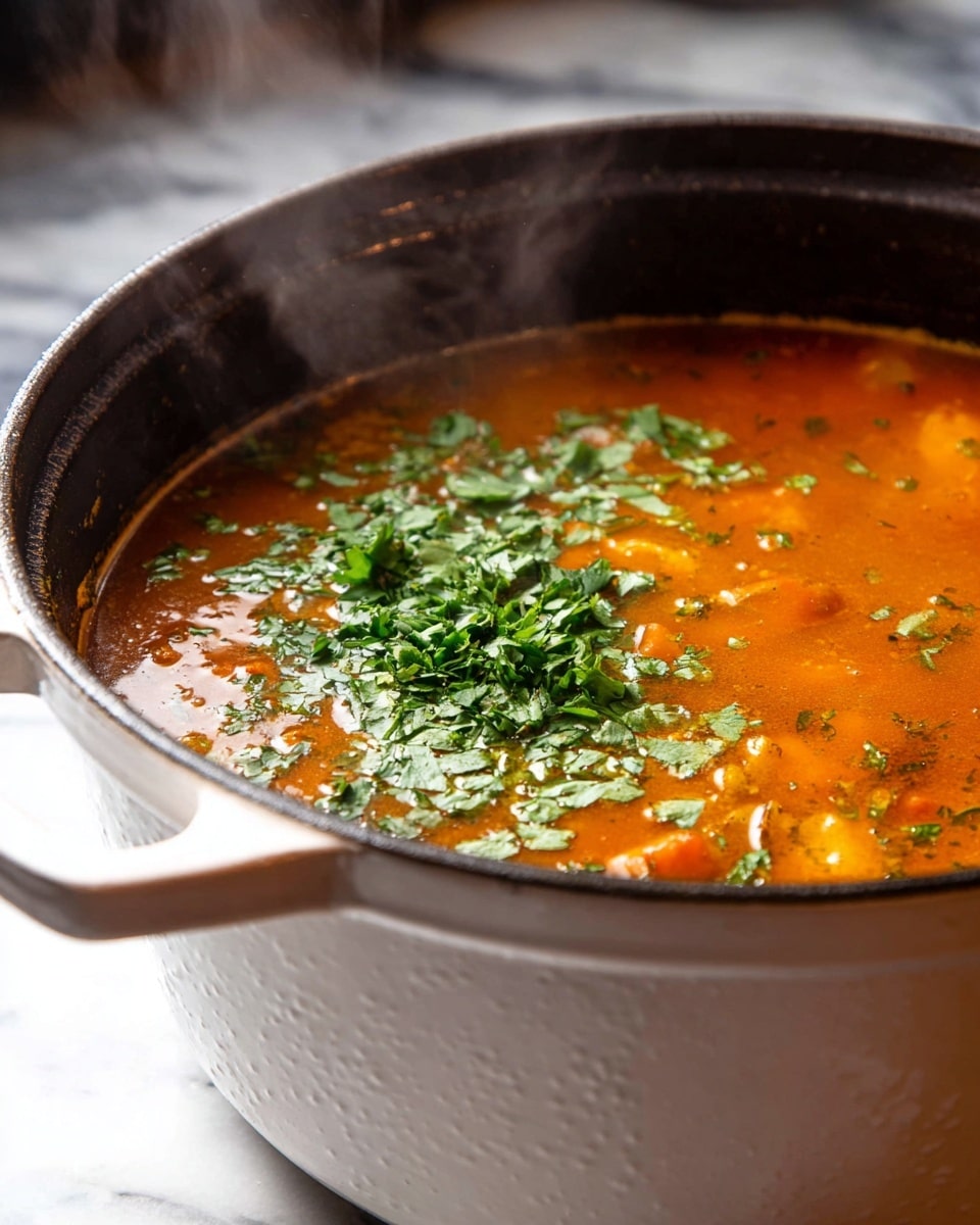 A close-up image of a white enamel pot filled with hot, steaming orange-brown soup. The soup has a smooth surface with small chunks of vegetables visible and is topped with a generous layer of chopped green herbs, mainly cilantro, scattered over one side. Light steam rises from the pot, adding warmth to the scene, and the pot sits on a white marbled surface. The inside of the pot is black with textured sides, giving contrast to the bright soup photo taken with an iphone --ar 4:5 --v 7