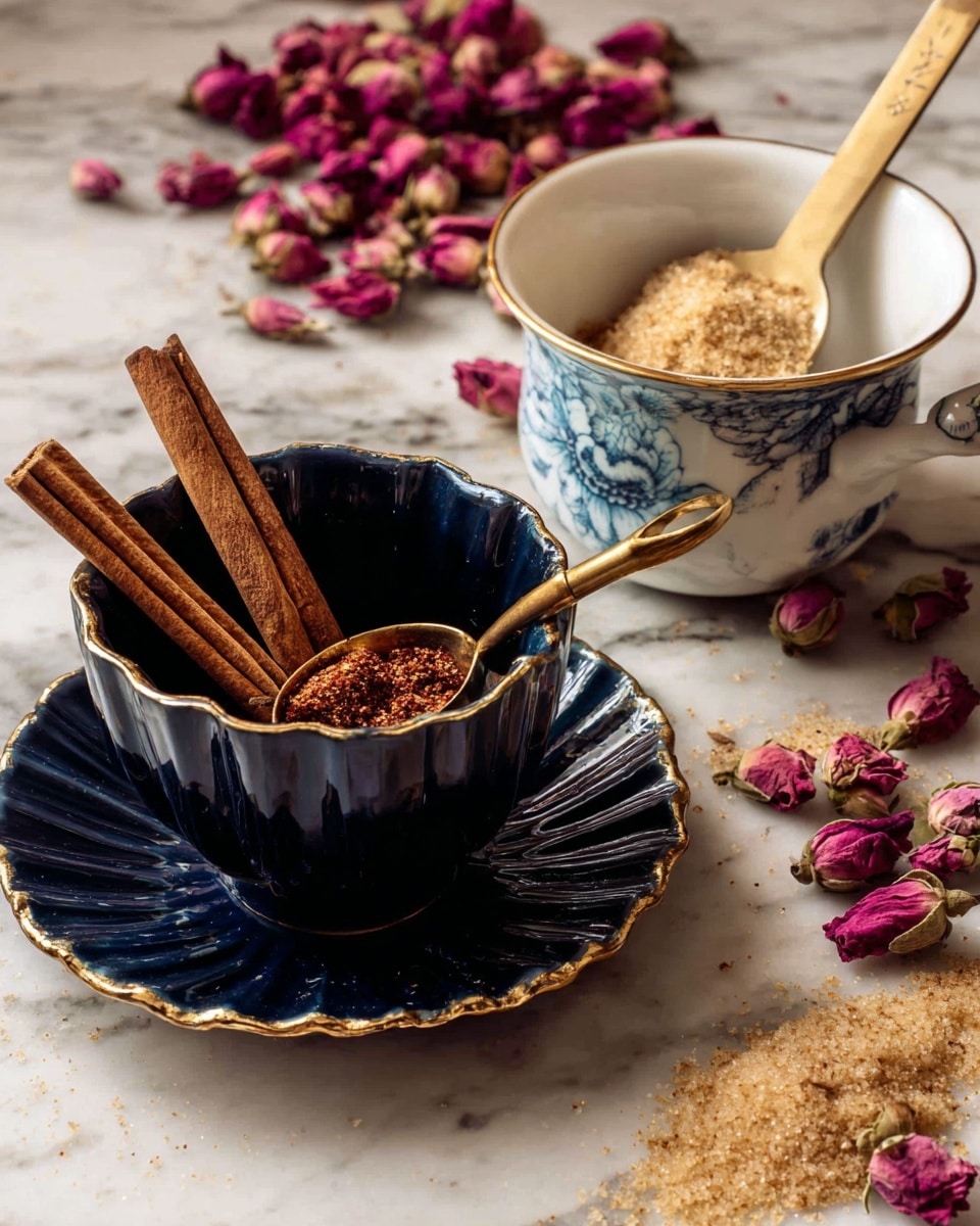 The image shows a dark blue fluted cup with golden edges sitting on a matching saucer full of light brown cinnamon sticks arranged horizontally. Inside the cup is a golden measuring spoon filled with crushed dark red spices. To the right, there is a white cup with blue floral patterns containing light brown sugar and a few cinnamon sticks, with some sugar spilled onto the white marbled surface. Scattered around the cups are dried pink rosebuds and crushed pink petals, adding color and texture to the scene. Photo taken with an iphone --ar 4:5 --v 7