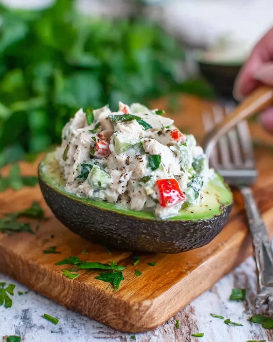The image shows one avocado half on a wooden board with a white marbled surface underneath. The avocado is dark green on the outside with a rough texture, and the inside is bright green and smooth. Inside the avocado half, there is a mixture containing white creamy pieces, small red chunks, and green herbs, all finely mixed together. The mixture looks soft and fresh, slightly spilling over the edges of the avocado. In the background, there is a blurred woman’s hand and a white marbled wall with green leafy vegetables visible. A silver fork is placed on the right side of the wooden board. Photo taken with an iphone --ar 4:5 --v 7