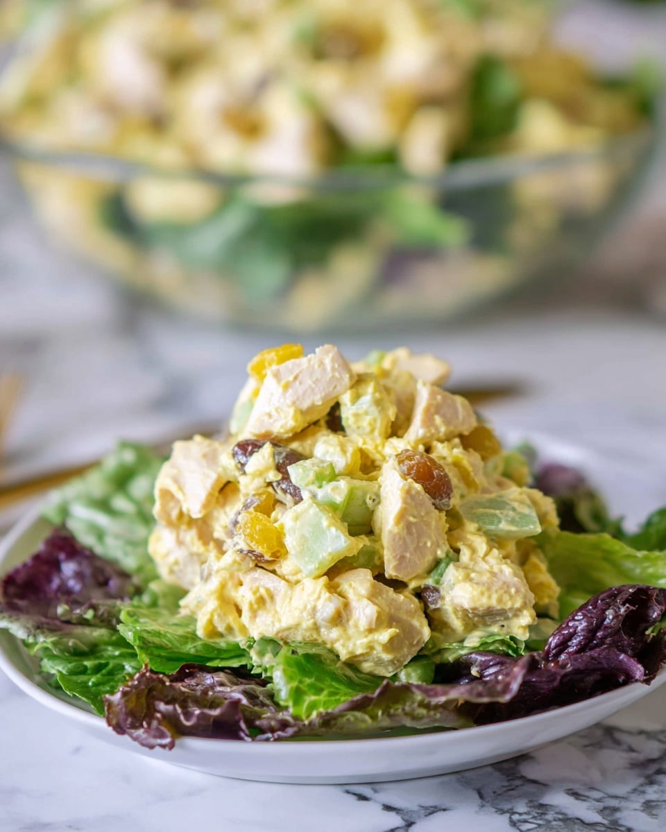 The dish shows a mound of creamy chicken salad placed in the center of a white plate. The salad has chunky pieces of light beige chicken mixed with pale green celery bits and small golden raisins, all coated in a soft yellowish creamy dressing. The chicken salad is nestled on a bed of mixed leafy greens with deep green and dark purple leaves that slightly spread outwards from the mound. In the background, there is a clear glass bowl filled with the same chicken salad, all placed on a white marbled surface. photo taken with an iphone --ar 4:5 --v 7
