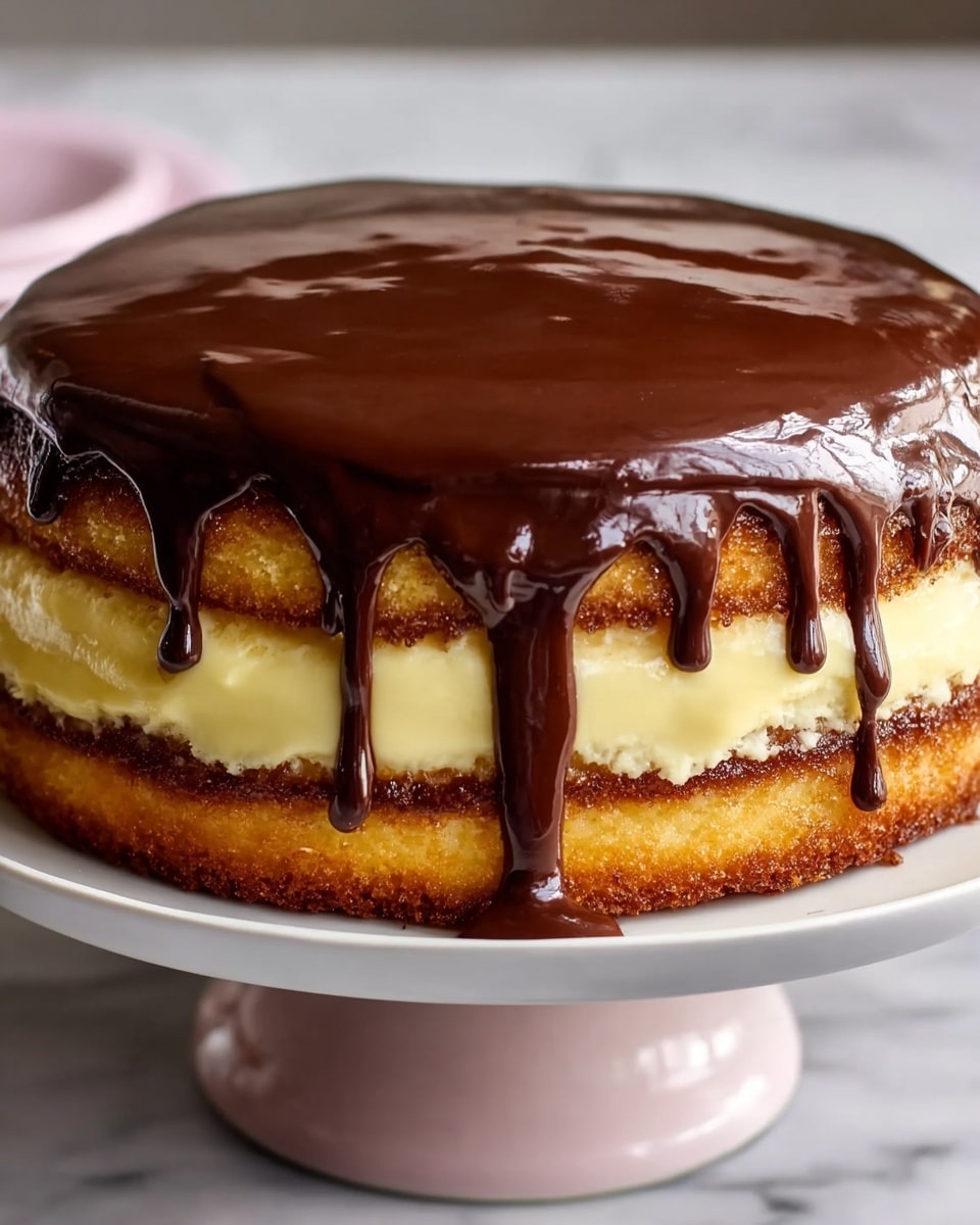 A round cake with three visible layers sits on a white plate on a white marbled surface. The bottom layer is golden brown and looks soft yet slightly crispy at the edges. The middle layer is a thick, smooth cream in a light yellow color that fills the space between the two golden cake layers. The top cake layer is also golden brown but a bit darker, and it is covered with a shiny dark chocolate glaze that slowly drips down the sides in thick, glossy streams. The texture of the chocolate is smooth and reflective, giving it a fresh look. Photo taken with an iphone --ar 4:5 --v 7
