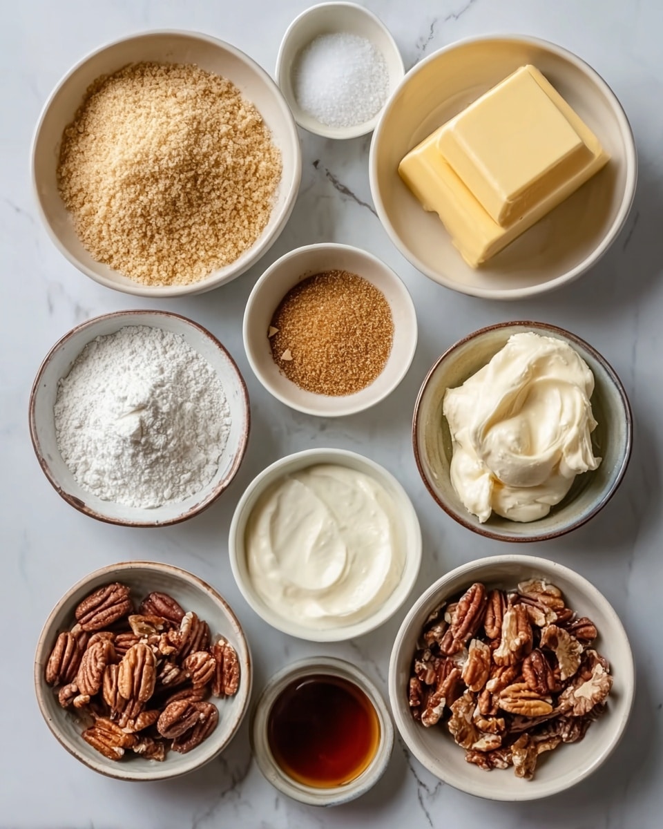 The image shows eleven small white bowls placed in a group on a white marbled surface. The top-right bowl contains four slabs of yellow butter with a smooth texture. To the left, there is a bowl filled with light brown crushed crumbs. Below this is a bowl with white granulated sugar. Next to it, a small bowl has a tiny amount of fine white salt. Near the center, a bowl contains a white powder with some clumps, likely baking soda or powder. The top-right center bowl holds a creamy white spread with a soft texture. A small bowl at the bottom left corner contains thick white cream, and next to it is a bowl with glossy brown pecan nuts. Above the nuts bowl, a small bowl contains golden brown sugar, and to the side, tiny amounts of dark brown liquid and amber syrup are in separate tiny bowls. Photo taken with an iphone --ar 4:5 --v 7