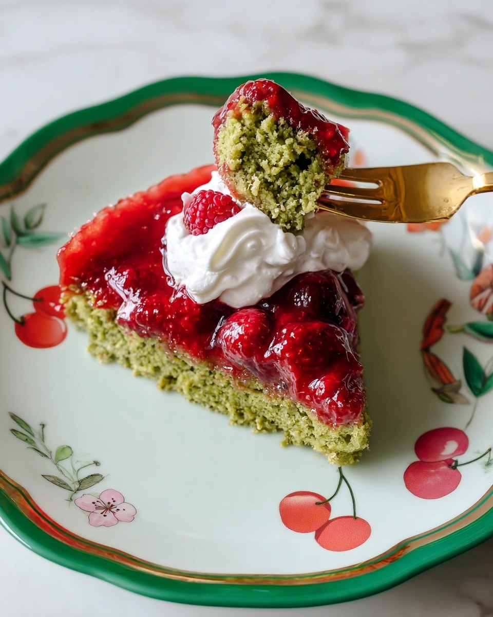 The image shows a slice of green cake with a textured, moist crumb layer on the bottom, topped with a thick, shiny red layer of raspberry sauce filled with whole raspberries, and finished with a dollop of white whipped cream near the center. The slice rests on a white plate with a green edge and colorful cherry and flower designs near the rim. A golden fork with a clear handle holds a bite-sized piece of the green cake, placed on top of the cake slice. The plate is on a white marbled surface. Photo taken with an iphone --ar 4:5 --v 7