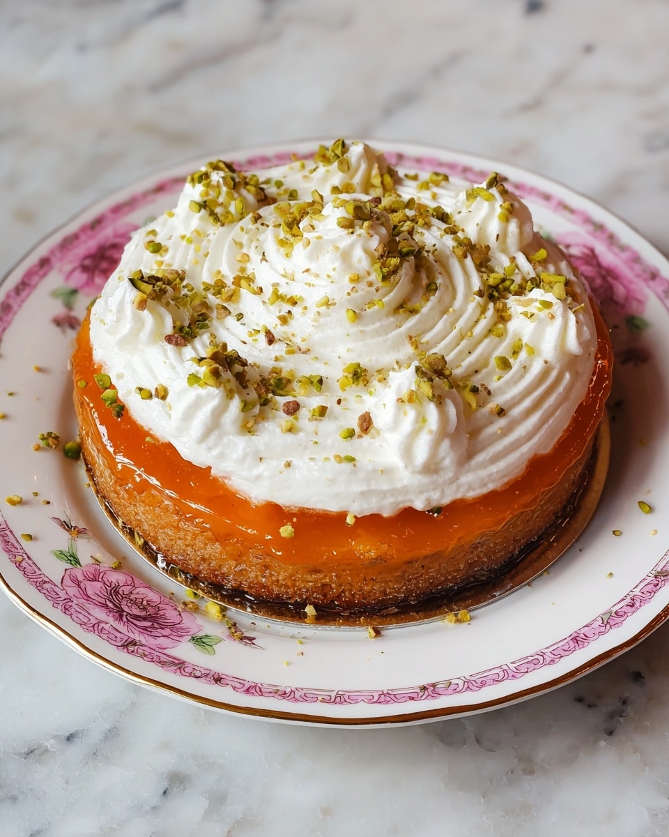 A round dessert with two layers sits on a white plate with pink floral designs and a gold rim. The bottom layer is dark brown, topped with a glossy, bright orange layer. On top of this orange layer, there is a thick layer of white whipped cream in a spiral pattern with five small whipped cream dollops around the edges. Crushed green pistachios are sprinkled over the whipped cream and the plate. The plate is placed on a white marbled surface. Photo taken with an iphone --ar 4:5 --v 7