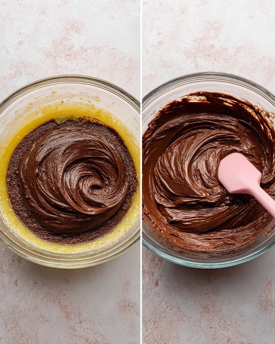 Two side-by-side images show a clear glass bowl on a white marbled surface with a pink spatula mixing chocolate batter. The left image shows two layers: a thin layer of yellow melted butter around the edges and a thick dark brown chocolate batter being folded in the middle with smooth swirls. The right image shows one thick layer of fully mixed dark brown chocolate batter with a shiny, smooth texture and visible swirls made by the spatula. Photo taken with an iphone --ar 4:5 --v 7