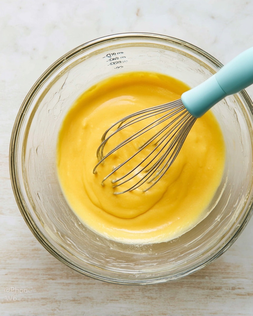A clear glass mixing bowl sits on a white marbled surface, containing one layer of smooth, bright yellow batter in the center. A metal whisk with a light blue handle rests on the batter, partially mixing it. The bowl's transparent sides show measurement marks, and the scene is brightly lit with soft shadows visible inside the bowl. Photo taken with an iphone --ar 4:5 --v 7