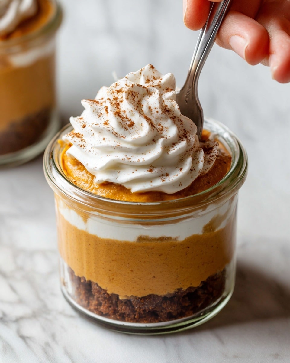 The image shows a clear glass jar filled with three visible layers. The bottom layer is dark brown and crumbly, resembling crushed cookies or a crumb base. Above it is a thick, smooth orange layer that looks like pumpkin or sweet potato mousse. The top layer is a generous swirl of white whipped cream sprinkled lightly with brown cinnamon or nutmeg powder. A silver spoon is inserted into the jar, pressing slightly into the whipped cream, held by a woman's hand. The jar is placed on a white marbled surface. photo taken with an iphone --ar 4:5 --v 7