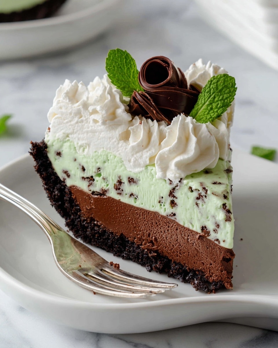 A slice of three-layered dessert sits on a white plate with curved edges on a white marbled surface. The bottom layer is a thick, dark chocolate crust. Above it is a smooth, dark chocolate layer. The middle layer is light green with small chocolate bits mixed in, giving it a speckled look. The top is covered with a swirl of fluffy white whipped cream. A small chocolate curl rests on one side of the whipped cream, and two fresh green mint leaves are placed on top toward the back. In the foreground, a silver fork with a small bit of the dessert on its tines rests on the plate. Photo taken with an iphone --ar 4:5 --v 7