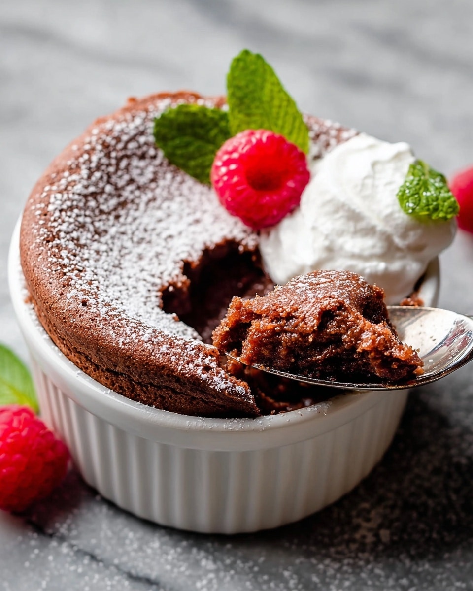 A single-layer chocolate souffle in a white ceramic ramekin. The top is light brown with a dry, cracked texture and dusted with powdered sugar. A spoon is inside, lifting a soft, moist, darker brown section from the middle. On the side of the souffle, a dollop of white whipped cream, a bright red raspberry, and two fresh green mint leaves add color and contrast. The ramekin sits on a white marbled surface. Photo taken with an iphone --ar 4:5 --v 7