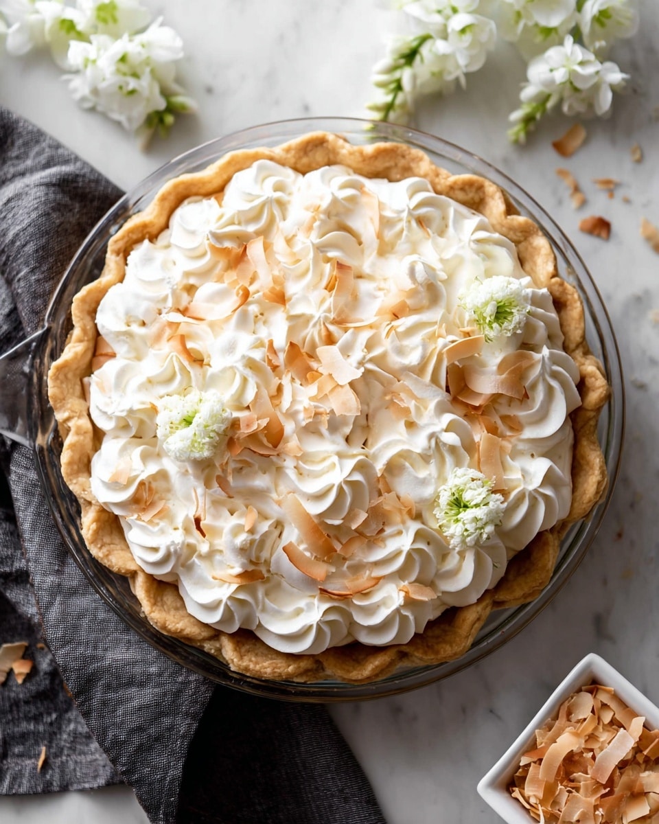 A pie in a clear glass dish shows a golden brown crunchy crust on the edges. The top layer has swirled white whipped cream arranged in small rosettes all over the surface. Scattered thin toasted coconut flakes with light brown edges cover the whipped cream, giving texture and color contrast. Small clusters of white flowers decorate two spots near the edge of the pie. The pie sits on a white marbled surface with a dark gray cloth and some white flowers nearby, along with a small square white dish of toasted coconut flakes on the right side. Photo taken with an iphone --ar 4:5 --v 7
