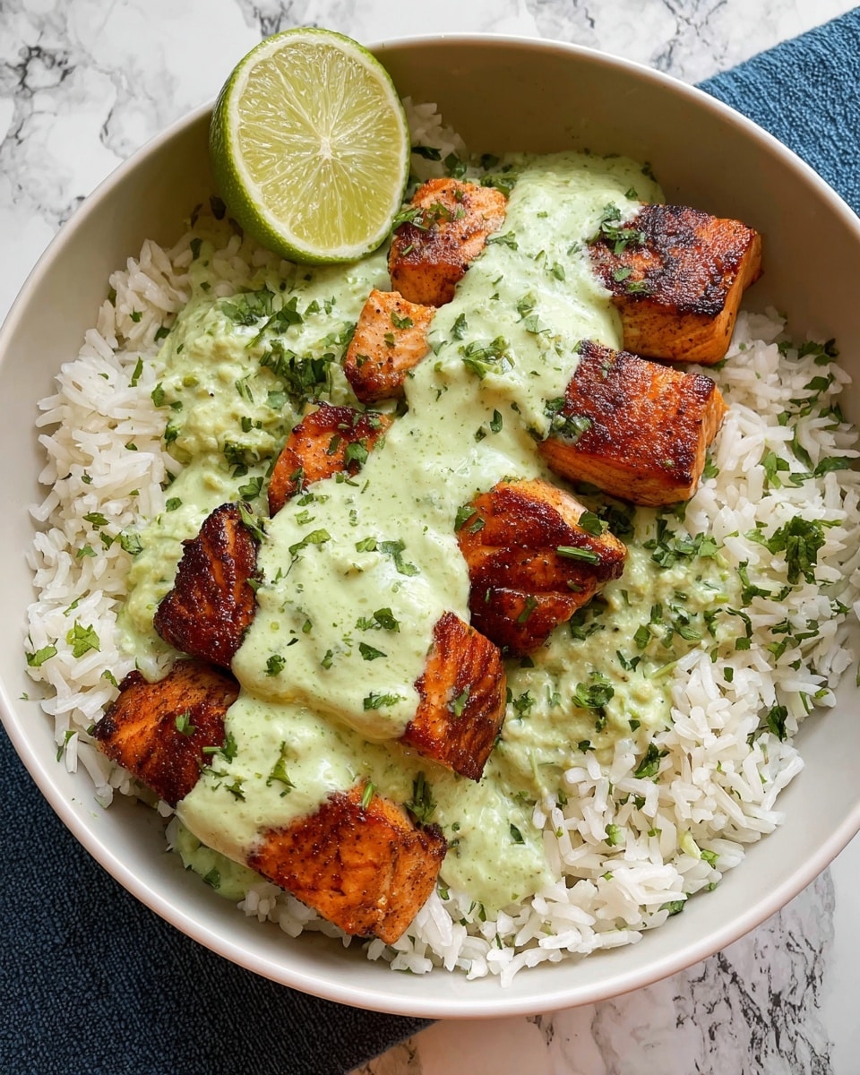 A white bowl is filled with a base layer of white rice mixed with small green herbs. On top of the rice, there are six pieces of well-browned, cooked salmon arranged in a loose row. Over the salmon, there is a thick layer of light green creamy sauce sprinkled with small green herb pieces. At the edge of the bowl, a thin slice of lime is placed upright against the rice. The surface under the bowl has a white marbled texture. Photo taken with an iphone --ar 4:5 --v 7