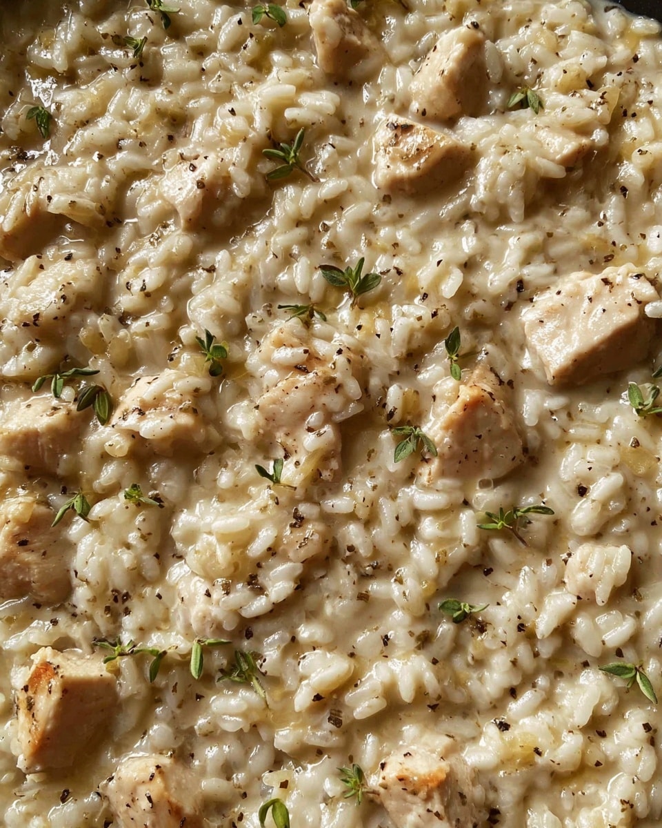 A close-up image of a creamy risotto dish showing one thick layer of soft, off-white rice mixed evenly with small chunks of light beige cooked chicken. The risotto is speckled with black pepper and small green herb leaves scattered on top, giving a fresh, textured look. The creamy mixture has a slightly shiny, smooth texture covering the whole visible surface. All of this is set against a white marbled texture background. photo taken with an iphone --ar 4:5 --v 7