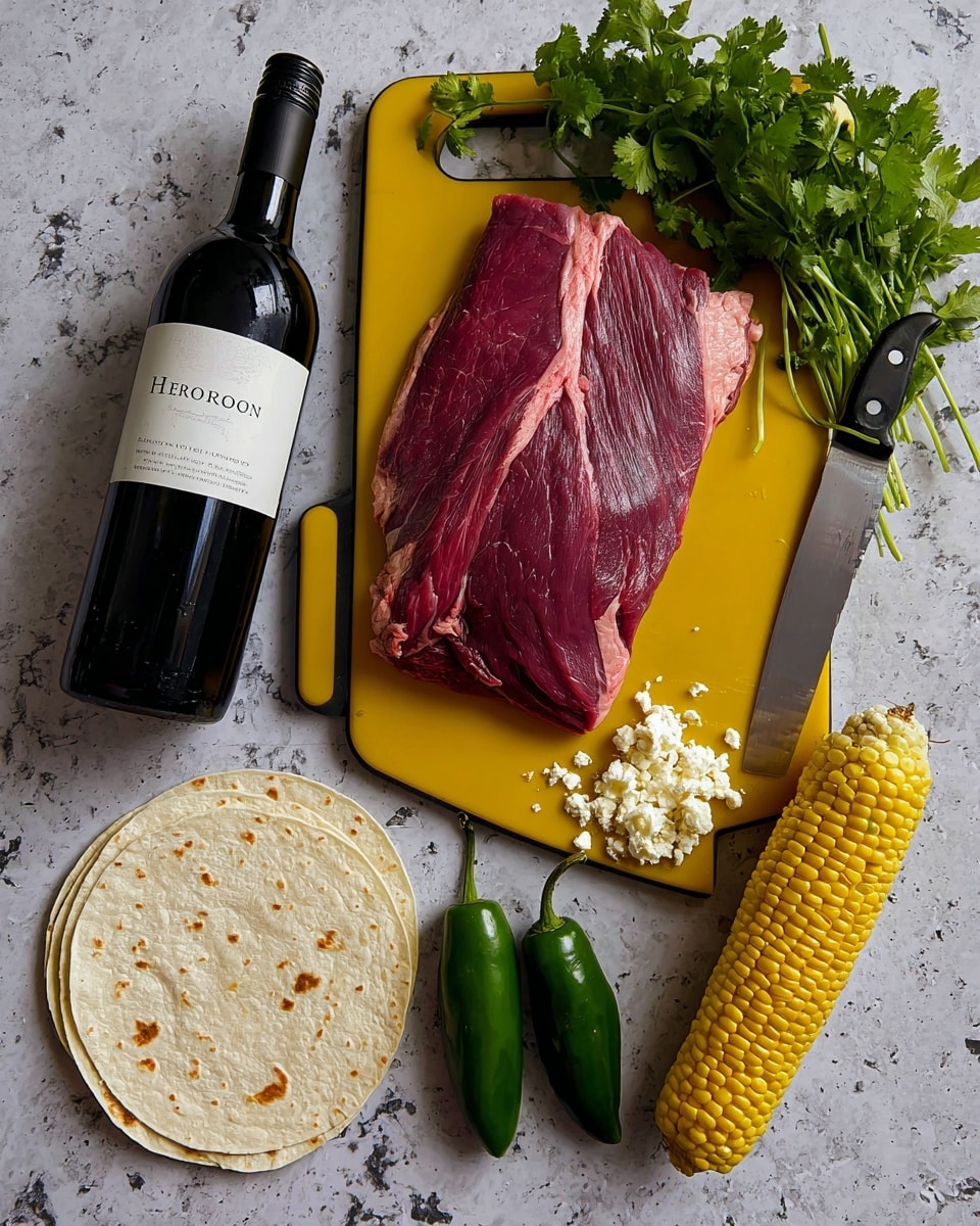The image shows a raw, dark red piece of meat with some light fat veins placed on a yellow cutting board with black edges; to its right is a shiny silver knife. Next to the cutting board are two green jalapeno peppers and crumbled white cheese. Below them is a bunch of fresh green cilantro and two pieces of bright yellow corn on the cob. At the bottom left are four round white tortillas stacked with light brown spots. On the left side of the image is a dark-colored wine bottle with a white label. All these items rest on a white marbled surface. photo taken with an iphone --ar 4:5 --v 7