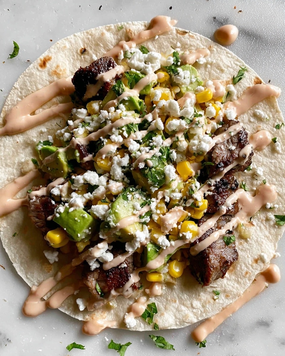 A soft white tortilla lays flat on a white marbled surface, topped with a layer of small grilled dark brown meat pieces. On top of the meat is a mix of bright yellow corn and light green avocado chunks, sprinkled with fresh green herbs. Crumbled white cheese is scattered over the toppings, and creamy light pink sauce is drizzled all over, with some sauce also on the white marbled surface around the tortilla, giving a messy but tasty look. photo taken with an iphone --ar 4:5 --v 7