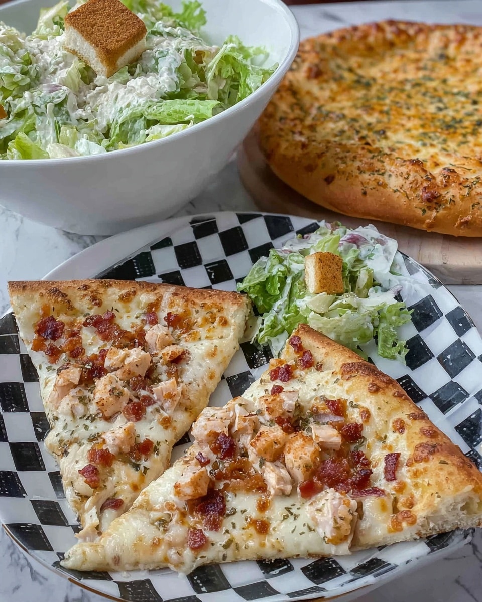 Two slices of pizza sit on a white plate with black checkered pattern, each slice topped with melted white cheese, small cubes of seasoned chicken, and bits of reddish-brown bacon scattered across. The pizza crust is thick and golden brown. Above the pizza on the plate is a small portion of green salad made of crisp romaine lettuce dressed with creamy white dressing and a single light brown crouton on top. Behind the plate is a large white bowl filled with more salad, and to the right of the plate is a large round garlic bread with a golden, bubbly surface speckled with herbs. Everything is placed on a white marbled surface. Photo taken with an iphone --ar 4:5 --v 7