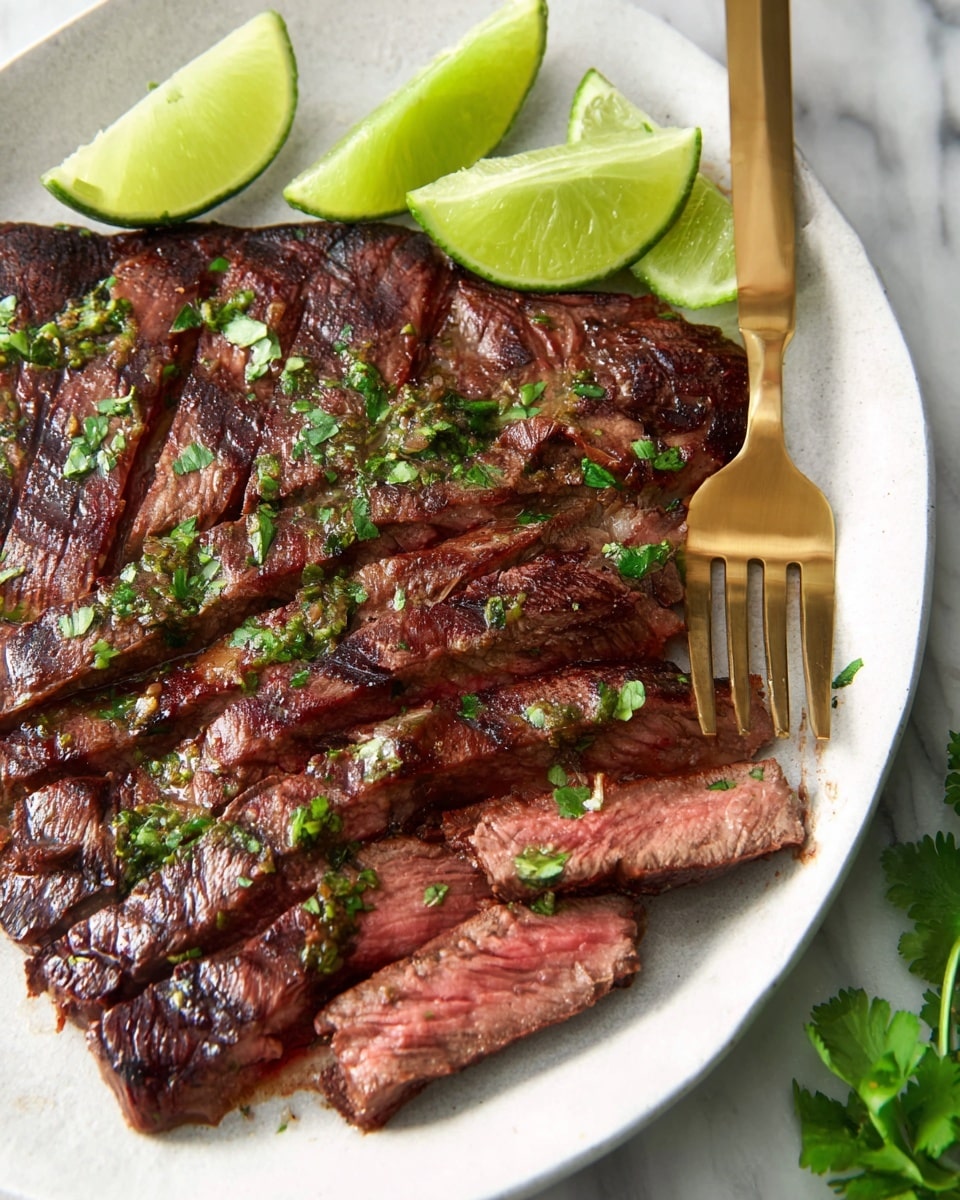 The image shows a white plate with a sliced grilled steak arranged in one layer, showing a mix of dark brown charred edges and pinkish-red cooked inside, topped with chopped green herbs spread lightly over the meat. Around the steak on the plate are several bright green lime slices adding a fresh look. A gold fork with a shiny surface holds one steak slice on the right side of the plate. The plate sits on a white marbled surface with some green herbs at the edge in the bottom right corner. photo taken with an iphone --ar 4:5 --v 7