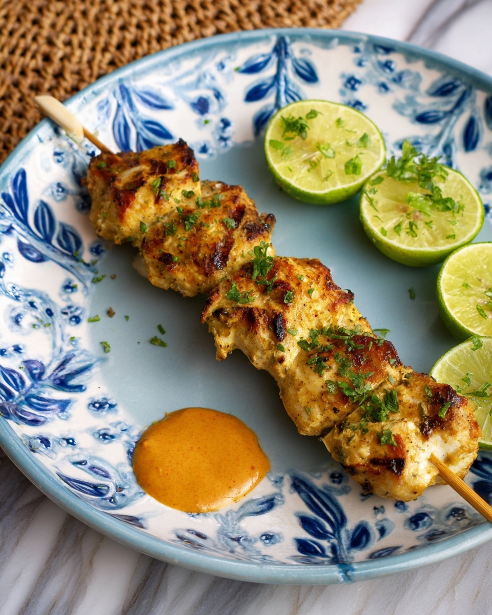 The image shows a white plate with a blue leaf pattern holding a skewer of four grilled golden-brown chicken pieces sprinkled with chopped green herbs. To the right of the skewer, there are four lime wedges with some green herb bits on top. To the left, there is a small dollop of orange sauce with a smooth texture. The plate is placed on a white marbled surface with part of a woven placemat visible in the background. Photo taken with an iphone --ar 4:5 --v 7