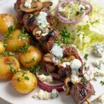Grilled Steak and Mushroom Kabobs with Blue Cheese Sauce Recipe