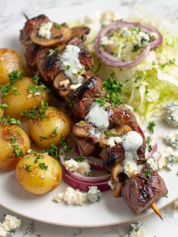 Grilled Steak and Mushroom Kabobs with Blue Cheese Sauce Recipe