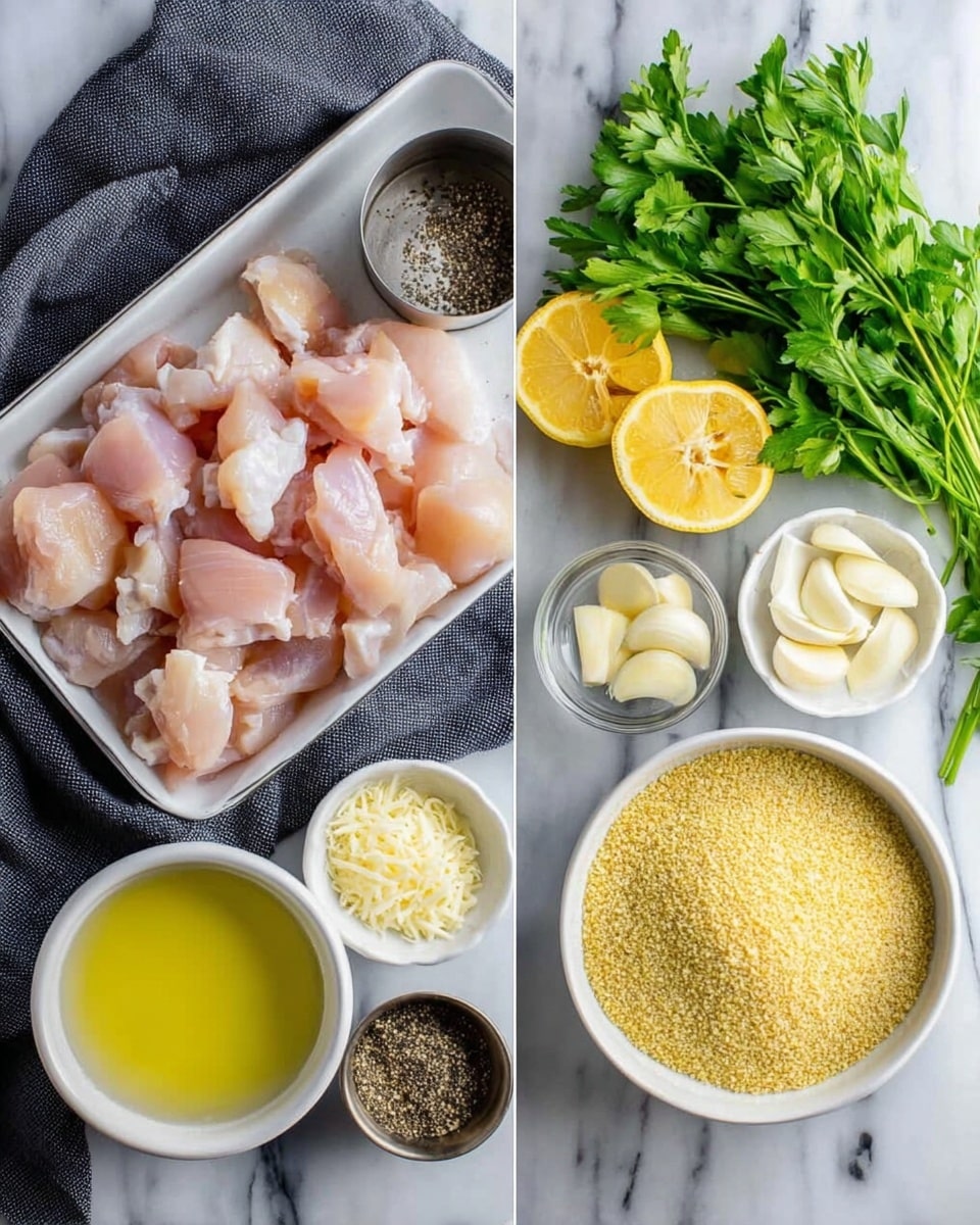The image shows two sides with ingredients for cooking. On the left side, there is a white tray filled with raw pink chicken pieces in the center. Above it, there is a small metal cup with black pepper, and two lemon halves with bright yellow flesh and green parsley leaves behind them. To the right of the tray, there are three small white bowls, one with a clear yellow liquid, another with a golden liquid, and the last with white peeled garlic cloves. On the right side, there is a white bowl filled with golden breadcrumbs in the center. Below it, a small metal cup contains black pepper and light brown powder, and a small white bowl holds grated yellow cheese. Behind these, there are fresh green parsley leaves on a dark gray cloth. The setting is on a white marbled surface. Photo taken with an iphone --ar 4:5 --v 7