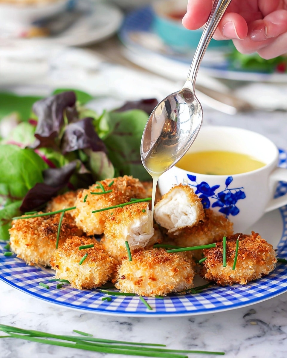 The image shows a white plate with a blue checkered pattern holding several pieces of crispy, golden-brown breaded chicken arranged in a small pile. The chicken pieces are round, with a crunchy coating and visible white inside. Fresh green chives are scattered on top, adding a pop of color. On one side of the plate, there is a small bunch of mixed green salad leaves. A woman's hand is holding a shiny silver spoon, pouring a light yellow sauce over the chicken. In the background, a small white cup with blue floral decoration holds more yellow sauce, and the surface beneath has a white marbled texture. photo taken with an iphone --ar 4:5 --v 7