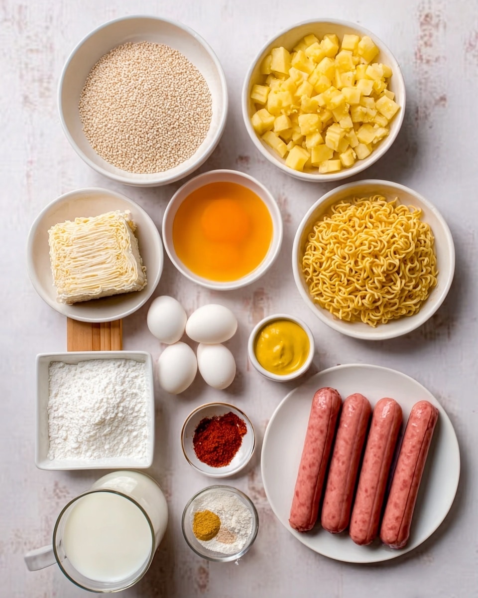 The image shows 12 ingredients neatly arranged on a white marbled surface. There is a white bowl with uncooked long grain rice, a white bowl with diced yellow potatoes, a white bowl with a beaten orange mixture, and a white bowl with four boiled eggs. Five pink sausages are on a white plate. Next to these are a small bowl with a yellow mustard sauce, a small white bowl with salt, a small bowl with red chili powder or paprika, a small bowl with white flour, a glass of milk, and a raw egg. A block of instant noodles is also present in a white square dish. The setup is orderly and bright. photo taken with an iphone --ar 4:5 --v 7