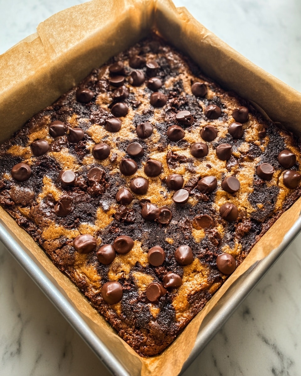A close-up view of a square baked dessert in a metal pan lined with brown parchment paper, showing a single thick layer with a golden brown base mixed with dark brown, almost black, chunks scattered unevenly throughout. On top, there are many small, smooth, shiny dark chocolate chips spread across the surface, slightly melted into the dessert. The edges of the dessert show a darker, crispier texture. The pan rests on a white marbled surface. Photo taken with an iphone --ar 4:5 --v 7