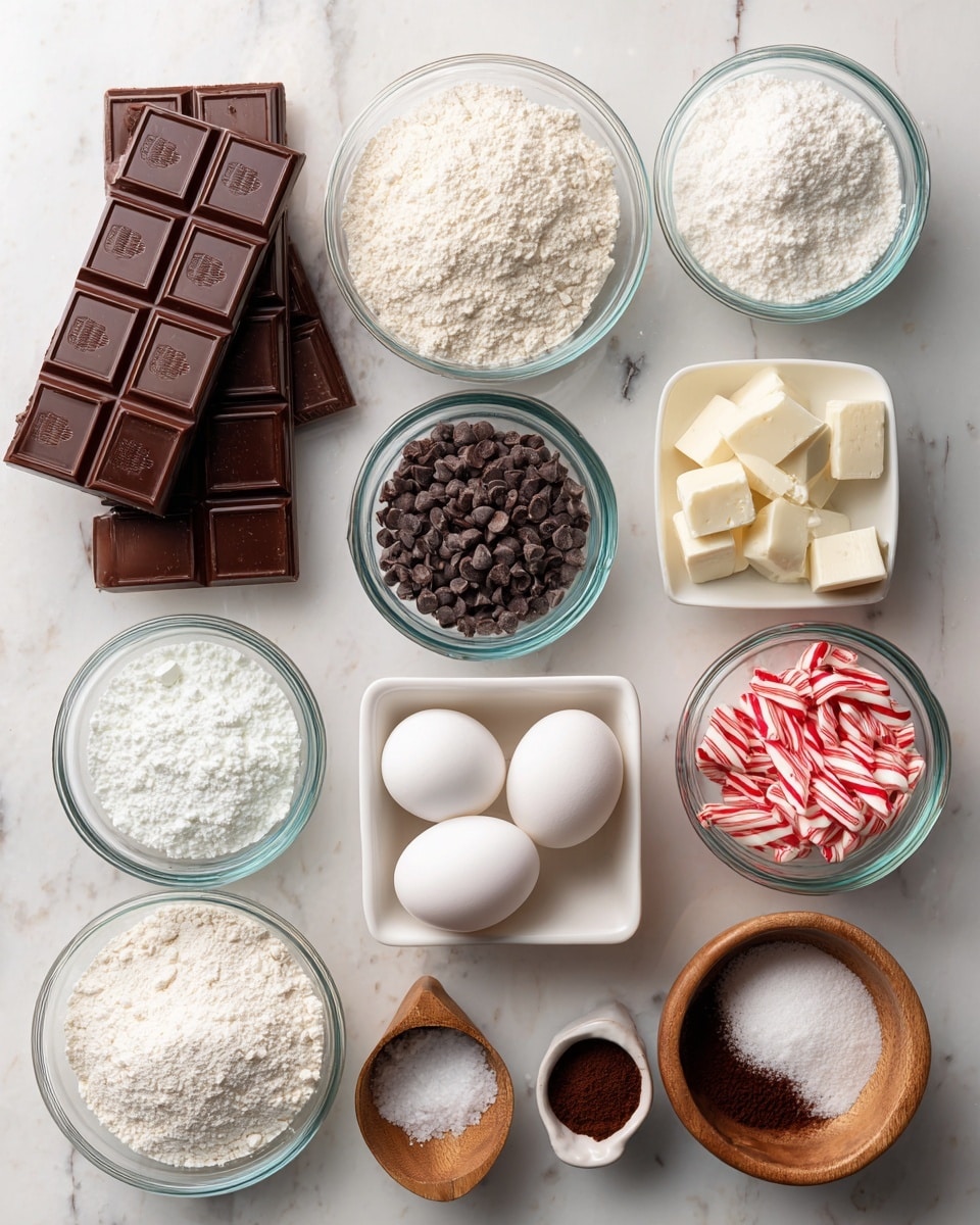 The image shows a flat lay of various baking ingredients arranged neatly on a white marbled surface. There are multiple small clear glass bowls holding bright white flour, white sugar, white chocolate chips, dark chocolate chips, cocoa powder, brown sugar, and vanilla extract. Two large chocolate bars, one dark and one white, are partially unwrapped and placed on the left side. Two white eggs rest side by side in a small square white dish near the center. A small wooden bowl contains salt or baking powder, and another wooden bowl is filled with red and white striped peppermint candies. A tiny white dish holds a dark brown powder, possibly coffee or cocoa, while another small white square dish contains a white powder. The arrangement is clean, bright, and minimal. photo taken with an iphone --ar 4:5 --v 7