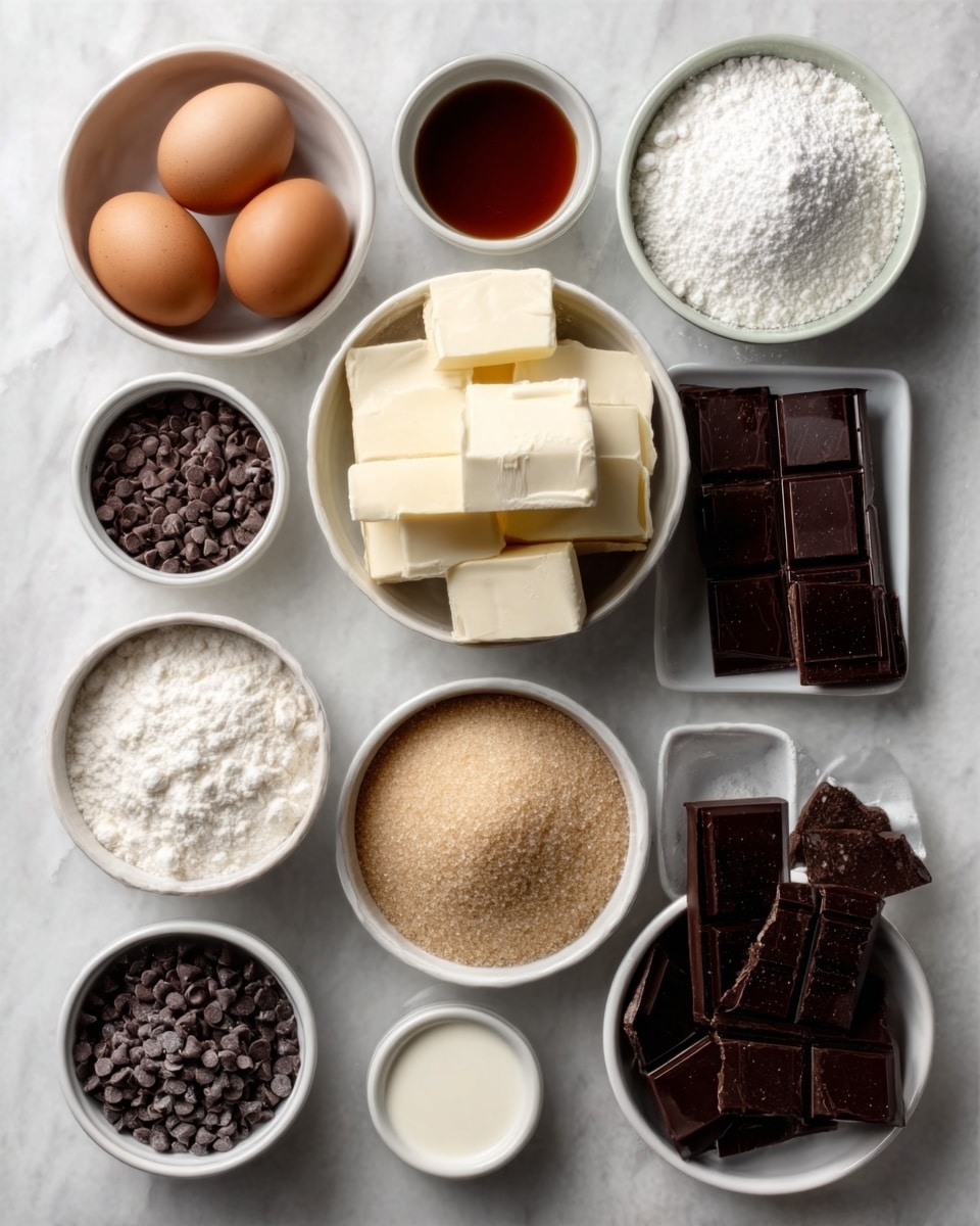 The image shows a white marbled surface with eleven white bowls arranged neatly. There are three brown eggs in one bowl, white granulated sugar in another, and a bowl filled with flour that looks soft and powdery. There are blocks of white butter stacked in a bowl at the center, and beside it, another bowl holds soft white cubes of butter. A bowl of light brown sugar features a granular texture, while a larger bowl holds shiny dark chocolate squares. There are small bowls containing white fine salt, dark chocolate chips, a dark brown liquid, and a white creamy substance. The arrangement is clean and organized, with each ingredient clearly visible. Photo taken with an iphone --ar 4:5 --v 7