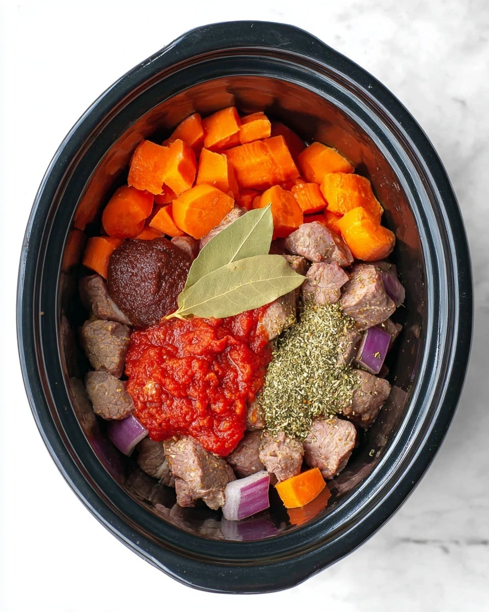 A black oval slow cooker filled with chunks of raw brown meat and bright orange carrot slices scattered throughout. There are noticeable pieces of chopped purple onion mostly beneath the meat and carrots. On one side, two large green bay leaves rest on top of a layer of red crushed tomatoes. A small dollop of thick dark brown paste and a few smaller dollops of bright red sauce sit near the center, sprinkled with a mix of green and brown dried herbs covering parts of the ingredients. The slow cooker sits on a white marbled surface photo taken with an iphone --ar 4:5 --v 7
