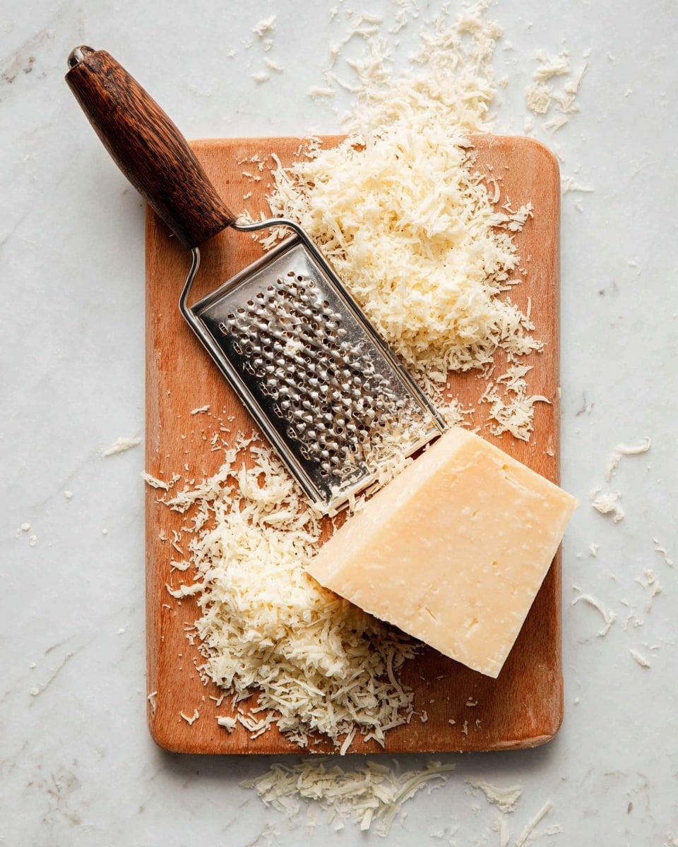 A wooden cutting board with a light brown color placed on a white marbled surface, showing a metal grater with a dark brown wooden handle resting on it. On the grater lies a block of pale yellow cheese that has been finely grated into soft, fluffy shreds scattered over the cutting board around the grater. The textures of the cheese are a mix of solid block and delicate, airy grated pieces. Photo taken with an iphone --ar 4:5 --v 7