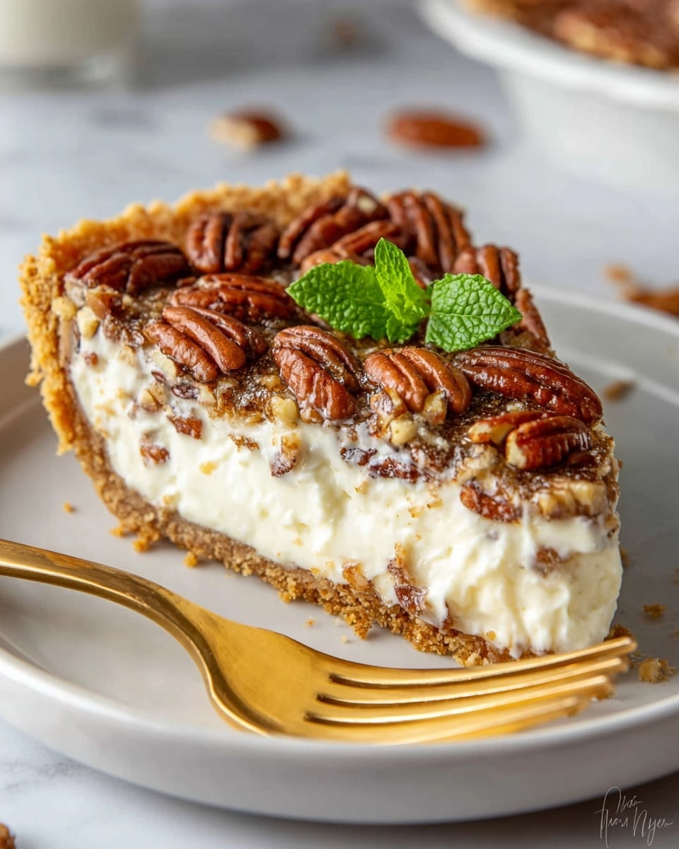 A slice of pie is shown on a white plate with a golden fork next to it. The pie has three layers: a light brown crust at the bottom, a thick white creamy filling in the middle with small nut pieces mixed in, and whole glossy brown pecans spread on the top. A small green mint leaf sits on the top edge of the pie. The scene is set against a white marbled surface. photo taken with an iphone --ar 4:5 --v 7