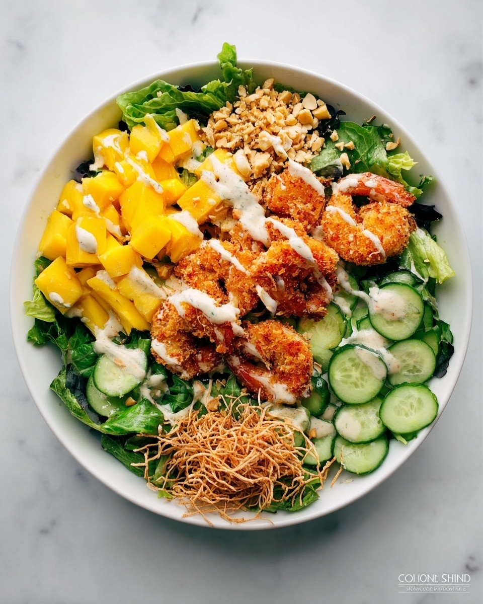 A white bowl filled with a colorful salad placed on a white marbled surface. The salad has a base layer of dark green leafy lettuce. On the top left side, there are bright yellow diced mango pieces. Next to the mango, in the top center, there are small crushed nut pieces with light dressing. Below the nuts and to the right, there are five golden-brown fried shrimp with crispy texture, drizzled with a creamy white sauce. On the bottom right side, there are thinly sliced cucumber rounds in a fresh green color. On the bottom left side, there is a small pile of light brown crunchy noodles over the greens. The whole salad looks fresh, colorful, and neatly arranged. Photo taken with an iphone --ar 4:5 --v 7