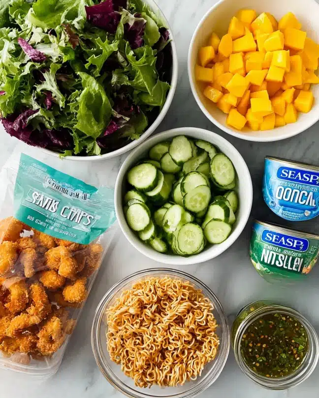 Coconut Shrimp Salad with Mango, Cucumber, and Citrus Dressing Recipe 4 The image shows six white bowls and containers arranged on a white marbled surface. One large bowl contains mixed greens with shades of dark green and purple leaves. Another smaller bowl is filled with diced bright yellow mango pieces. A third bowl is packed with fresh light green cucumber slices. Two small blue snack containers labeled for toasted coconut cashews and crispy Asian-style noodles sit near the center. A family-size box of golden brown crispy coconut shrimp is partially visible at the bottom left. In the bottom right corner, a glass jar holds a visible dressing with herbs and oil. The items are spaced out neatly, each showing clear textures and colors. Photo taken with an iphone --ar 4:5 --v 7