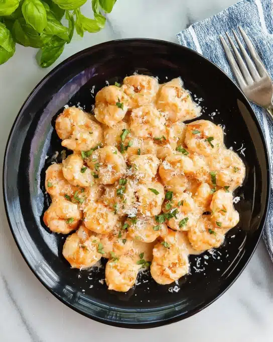 A black plate holds a pile of small cooked shrimp coated in a light, creamy sauce topped with small green herb bits and some white grated flakes visible across the shrimp's light orange and pink tones. A fork with a single shrimp coated in sauce holds the shrimp over a blue and white striped cloth napkin beside the plate, all placed on a white marbled surface with a green leafy plant in the top right corner. photo taken with an iphone --ar 4:5 --v 7