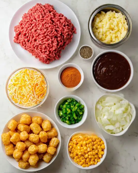 Easy Taco Tater Tot Casserole Recipe 4 The image shows nine ingredients arranged neatly on a white marbled surface. In the top left, a white plate holds a large portion of fresh, red ground beef with a wavy texture. To the right, a small white bowl contains finely minced garlic, light yellow in color. Next to it is an open can of dark black beans. Below these, a small white bowl is filled with bright green chopped green chiles, and beside it, a small white bowl holds smooth, deep red enchilada sauce. Below this row, a small white bowl has orange and brown taco seasoning powder. To the left of it, a clear glass measuring cup is filled with a mix of shredded white and orange cheddar cheese. Below this, a white bowl is packed with bright yellow corn kernels. At the bottom left, a white bowl contains golden brown tater tots with a crispy texture. At the bottom right, a white bowl holds chopped white onion pieces. The ingredients are all shown from above, clearly labeled, with bright colors and varied textures. Photo taken with an iphone --ar 4:5 --v 7