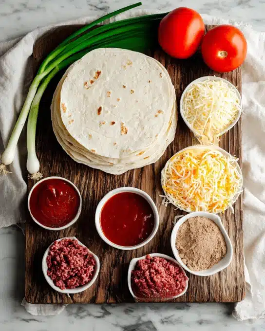 Copycat Taco Bell Mexican Pizza Recipe 4 The image shows a wooden board on a white marbled surface with a stack of white tortillas on it. Next to the board, there are two bright red tomatoes and green onions with white bulbs laid out. Around the board, there are several small white bowls: one filled with bright red enchilada sauce, one with shredded light yellow cheese, one with light brown refried beans, one with deep red taco seasoning, and one with raw ground beef that is a mix of red and pink colors. A white cloth is partially visible beneath some of the bowls, enhancing the rustic feel. The colors are vibrant and fresh, and the textures range from smooth tortillas to crumbly ground beef and finely shredded cheese. Photo taken with an iphone --ar 4:5 --v 7