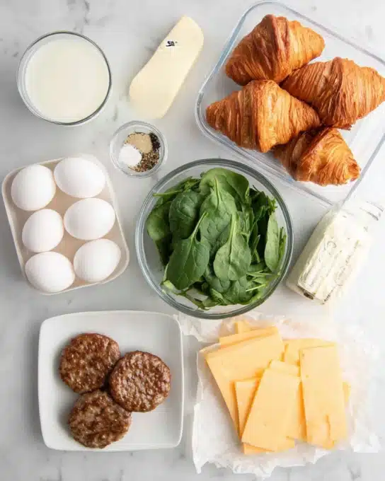 The image shows an assortment of cooking ingredients neatly arranged on a white marbled surface. There are five brown and flaky croissants in a clear plastic container at the top right. To the bottom right, several slices of marbled yellow and white cheese rest on a piece of parchment paper. A transparent bowl filled with fresh, green spinach leaves is near the center. Below that, a small white square plate holds several cooked sausage patties with a browned, crispy texture. On the left side, five white eggs are placed next to a rectangular stick of salted butter. A small white bowl containing a mix of black pepper and salt sits just above the sausage. Near the center top, a small transparent bowl with some white milk completes the spread. A clear bottle of Everything But the Bagel Seasoning is positioned on the far right. photo taken with an iphone --ar 4:5 --v 7